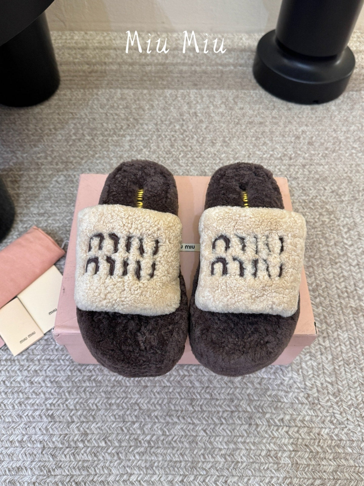 Miumiu 26s Platform Slides Dark Brown And Beige Shearling