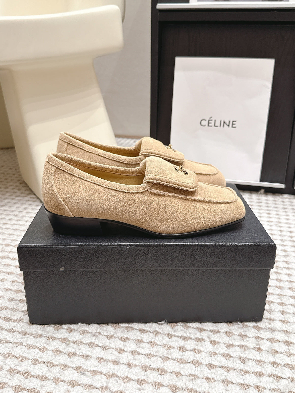 CC 26S Loafers in Beige Suede with Gold-Tone CC Logo