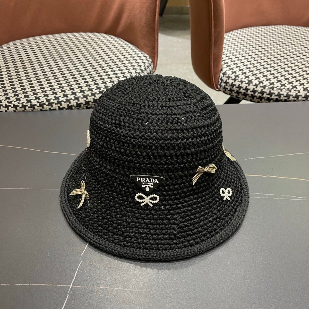 Prada Raffia Bow Knot Fisherman Hat 512516