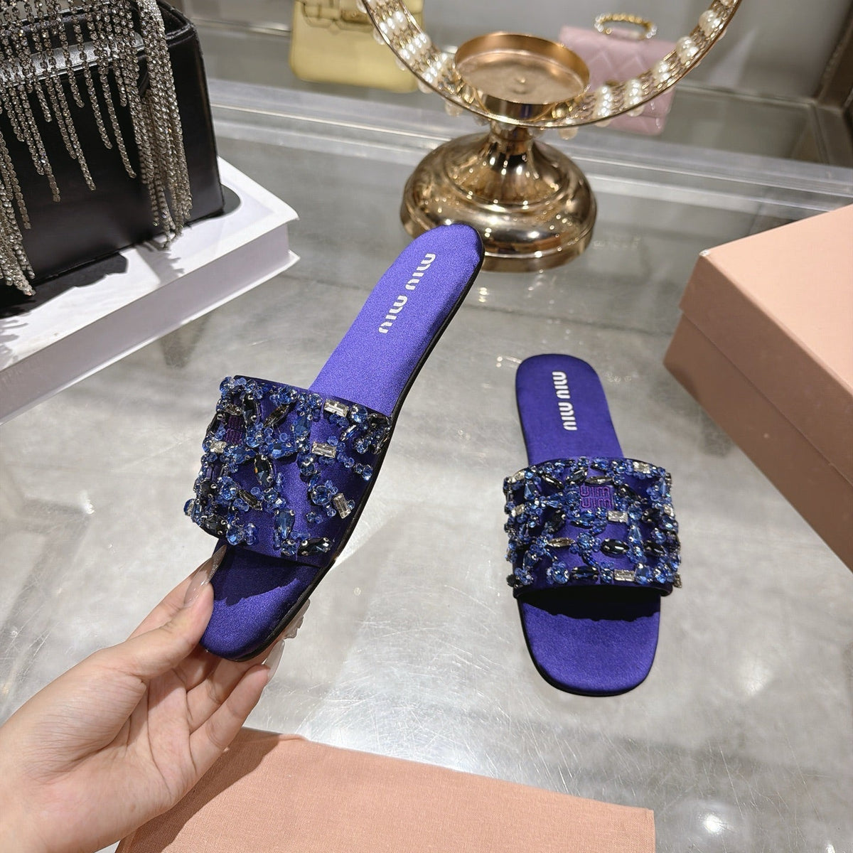 Miumiu 26s Sandals Purple Embellished Silk