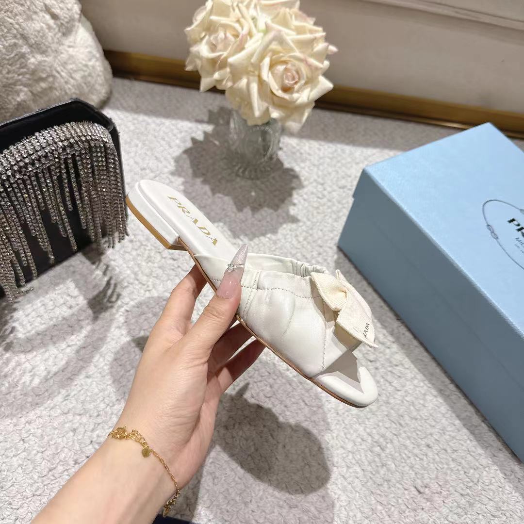 Prada 26s Ruched Bow Slide Sandals Cream White Calfskin
