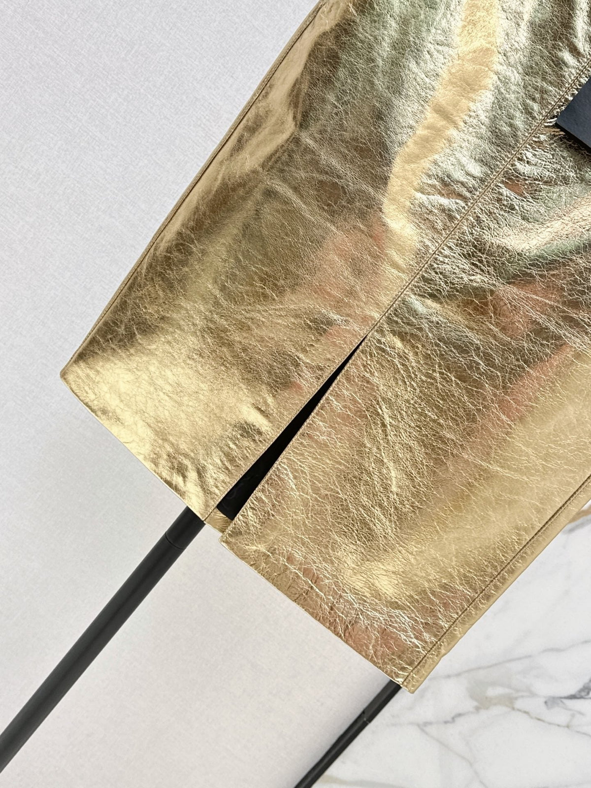 YSL Crinkled Midi Skirt Metallic Gold Leather