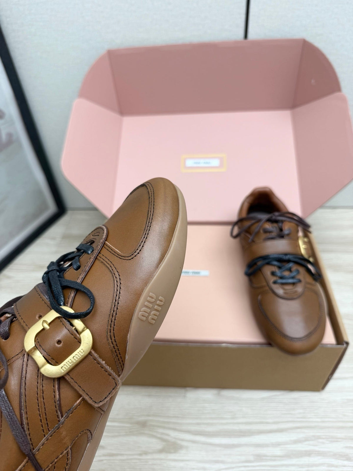 Miumiu 26s Buckle Sneakers Brown Calfskin With Gold Hardware