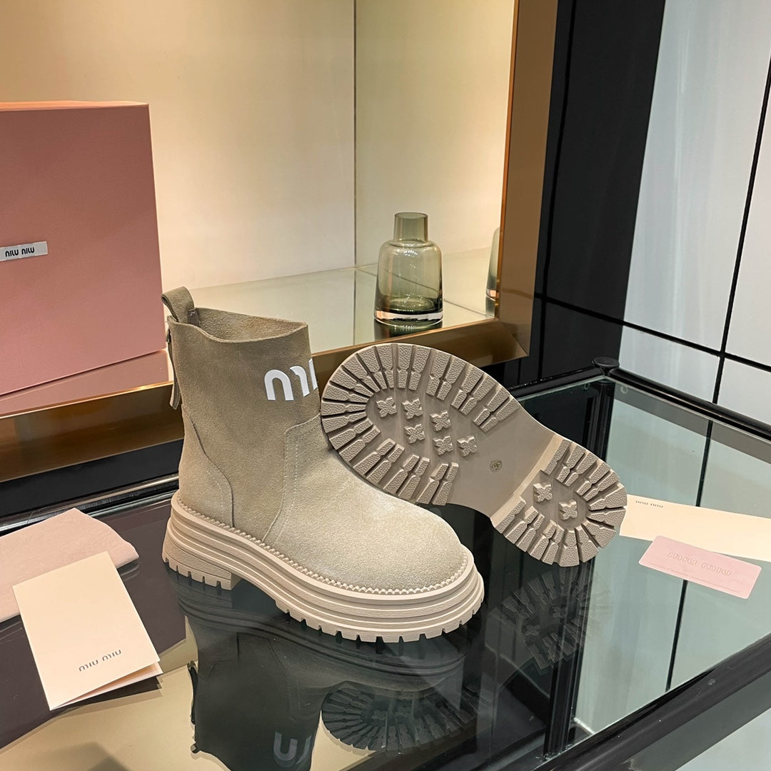 Miumiu 26s Logo Chunky Ankle Boots Beige Suede