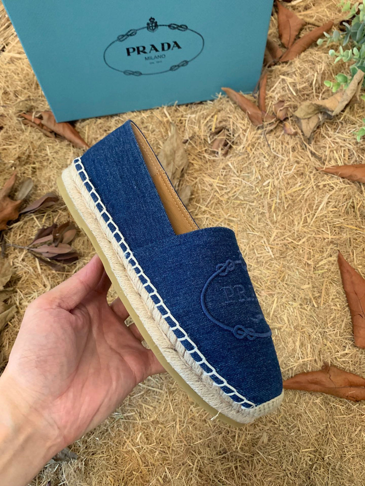 Prada 26s Espadrille Flats Blue Denim Embroidered Logo
