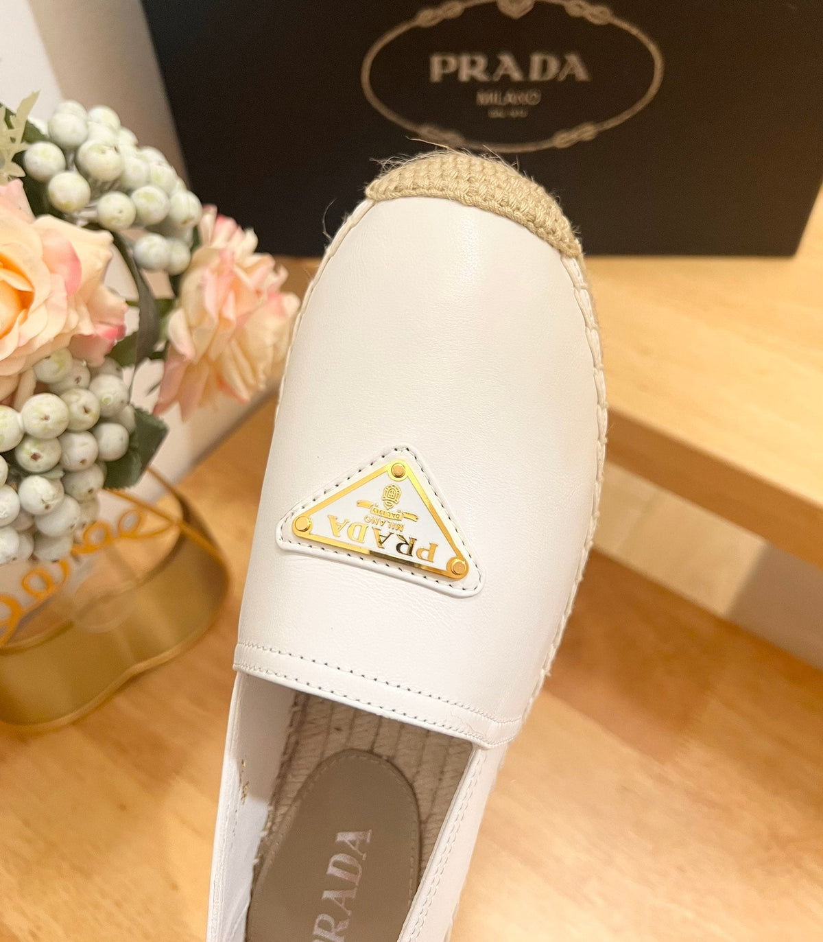 Prada 26s Logo Espadrille Slip On Flats White Calfskin