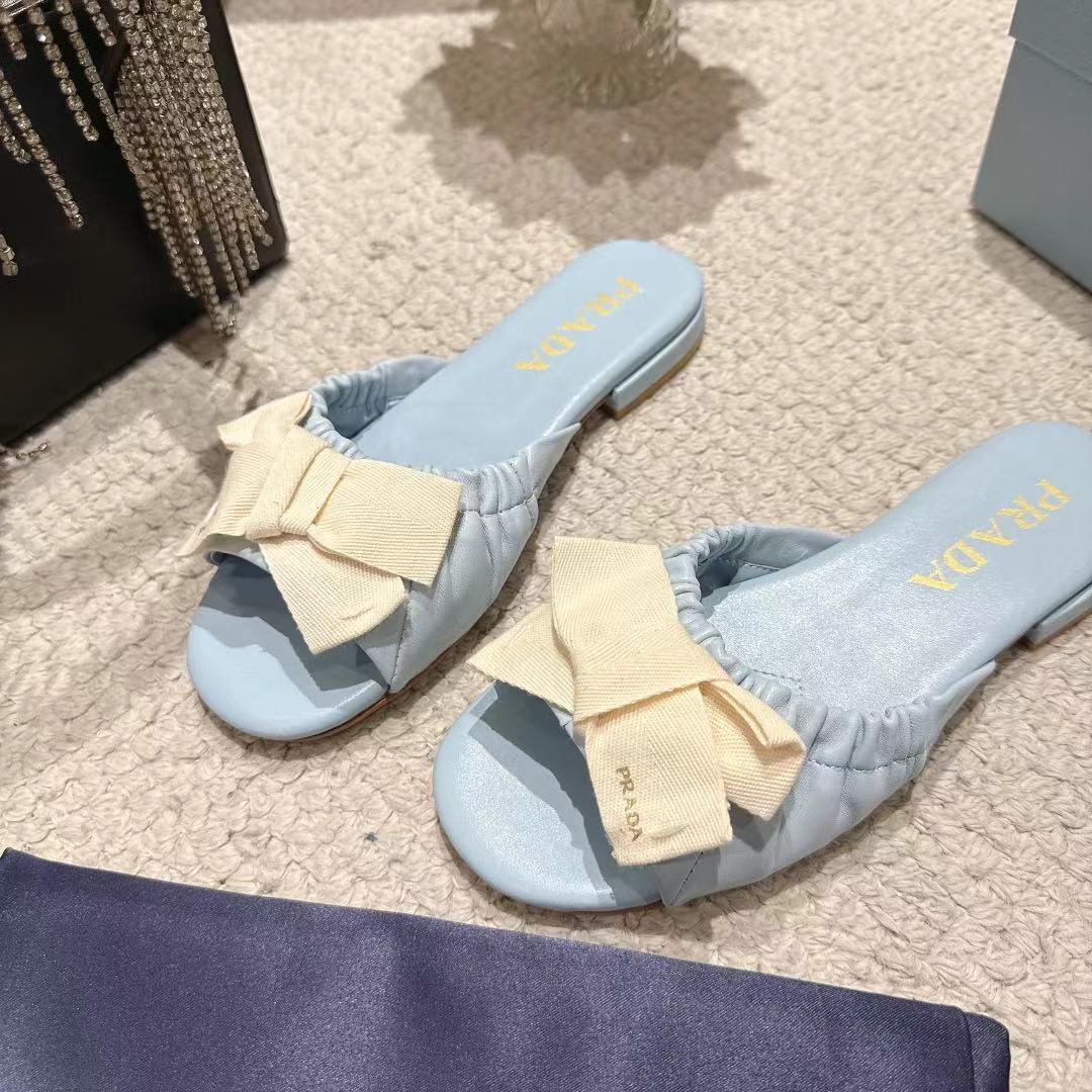 Prada 26s Ruched Bow Slide Sandals Light Blue Calfskin