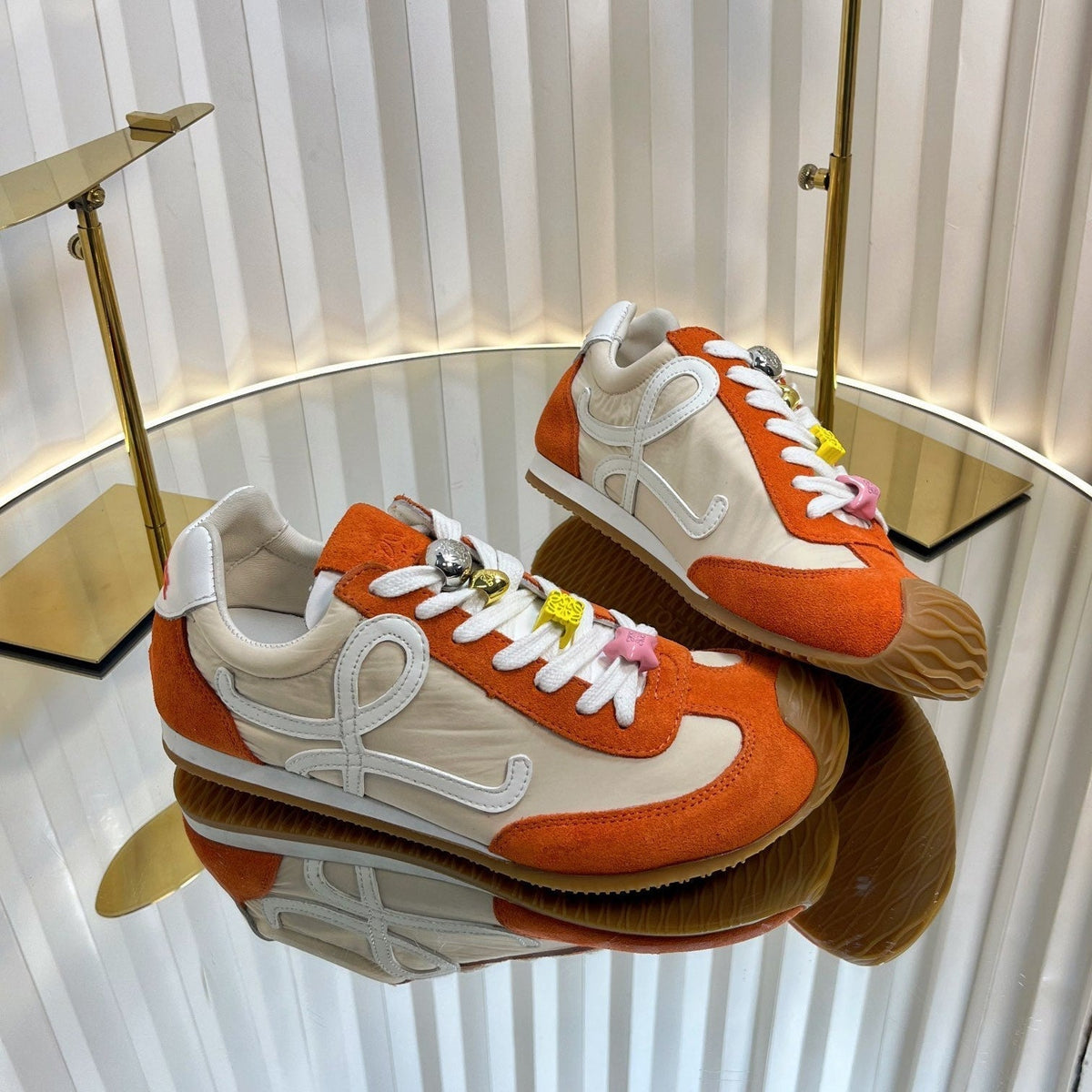 Loewe 26S Runner 2.0 Sneakers in Orange Suede and Beige Fabric