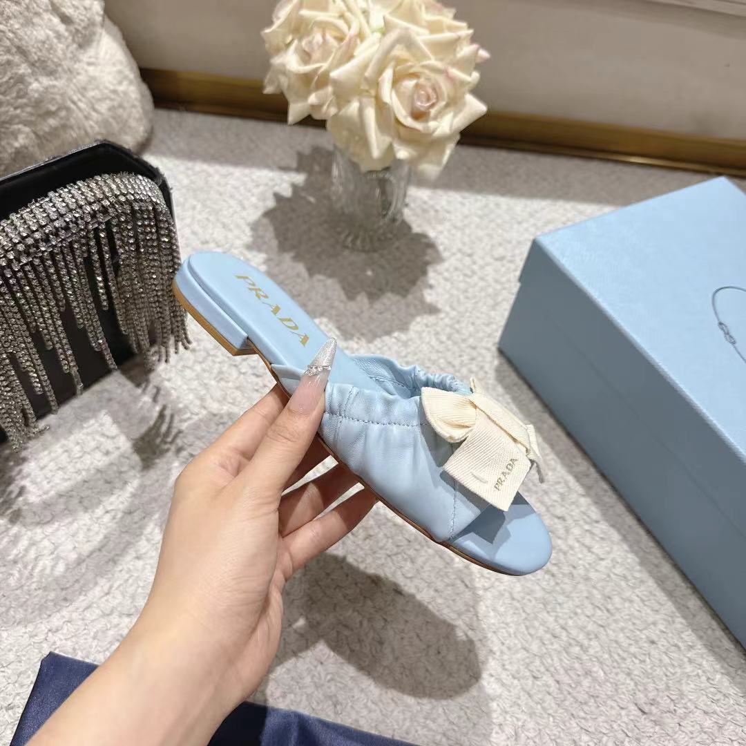 Prada 26s Ruched Bow Slide Sandals Light Blue Calfskin