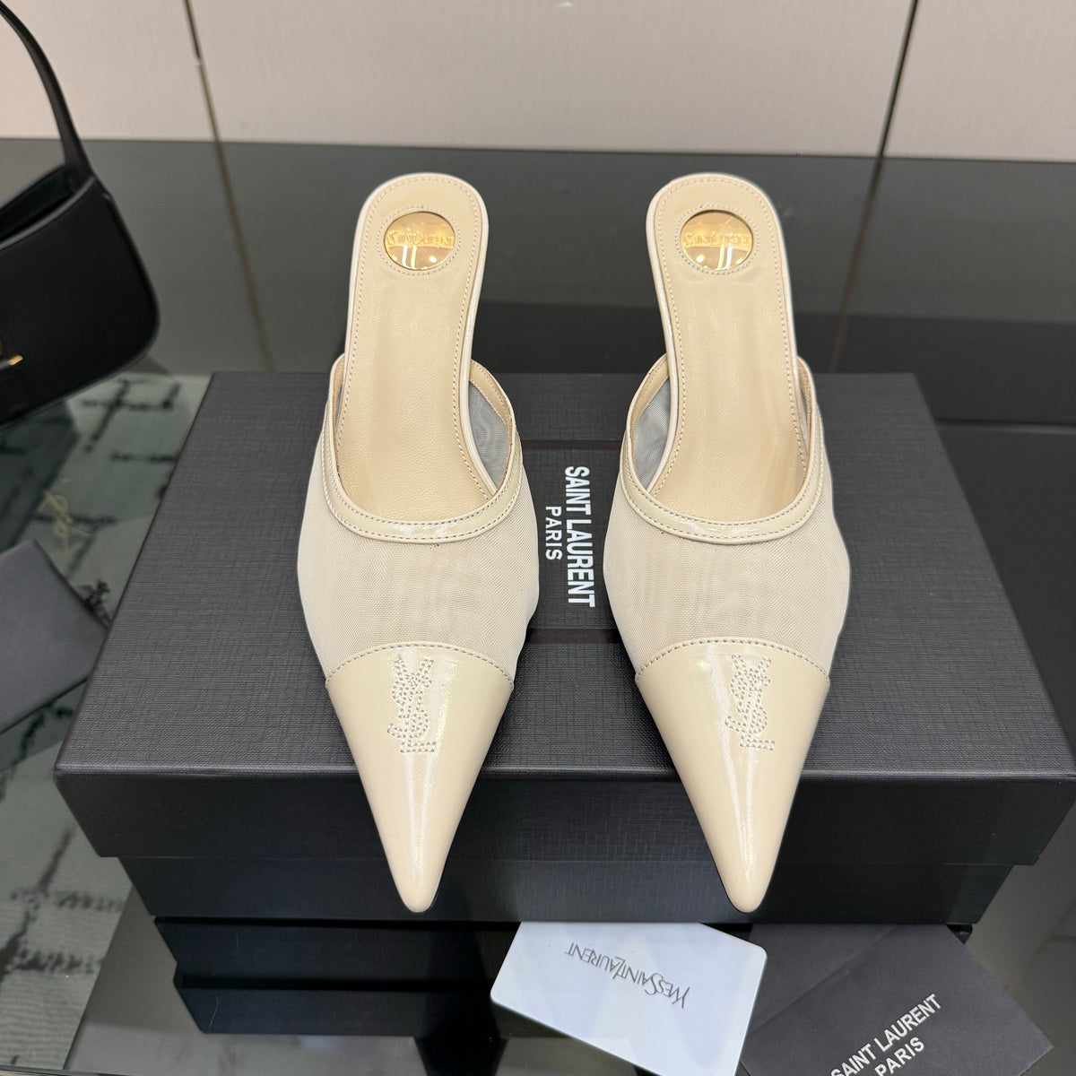 YSL 26s High-Heel Mules Beige Calfskin Mesh Fabric