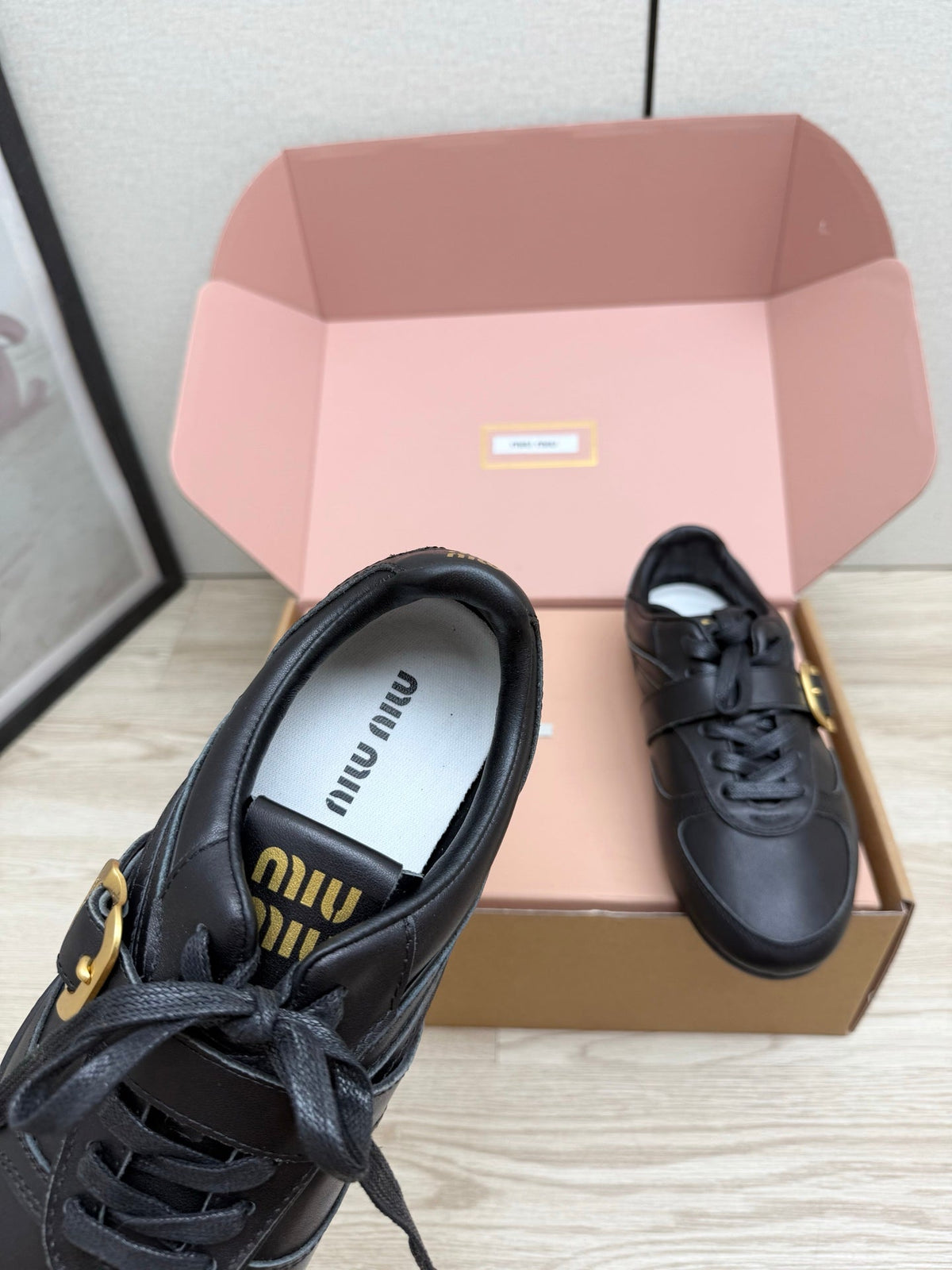 Miumiu 26s Buckle Sneakers Black Calfskin With Gold Hardware