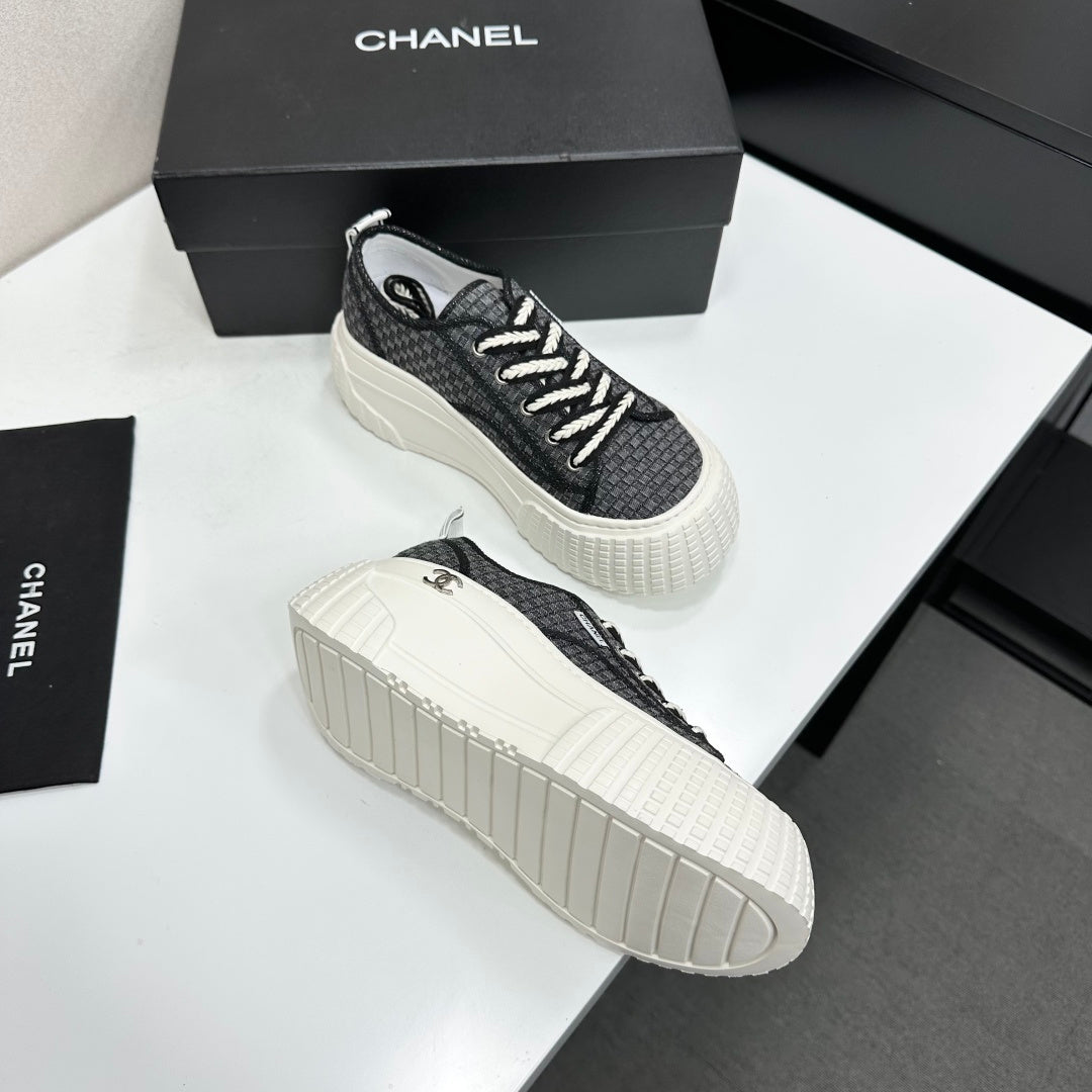CC 26S Chunky Sneakers in Black Checkered Woven Fabric