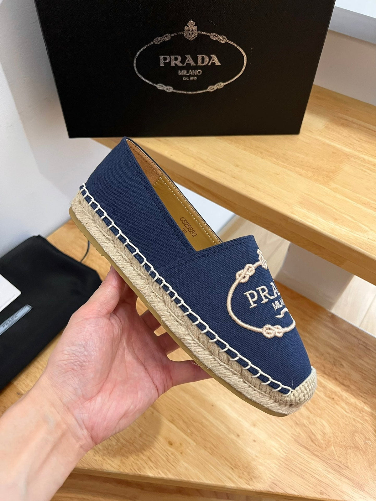 Prada 26s Embroidered Logo Espadrille Flats Navy Blue Canvas