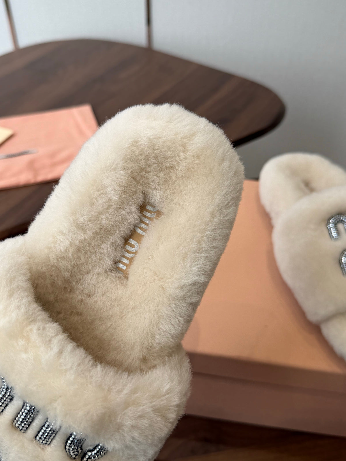 Miumiu 26s Crystal Logo Slides Light Beige Shearling
