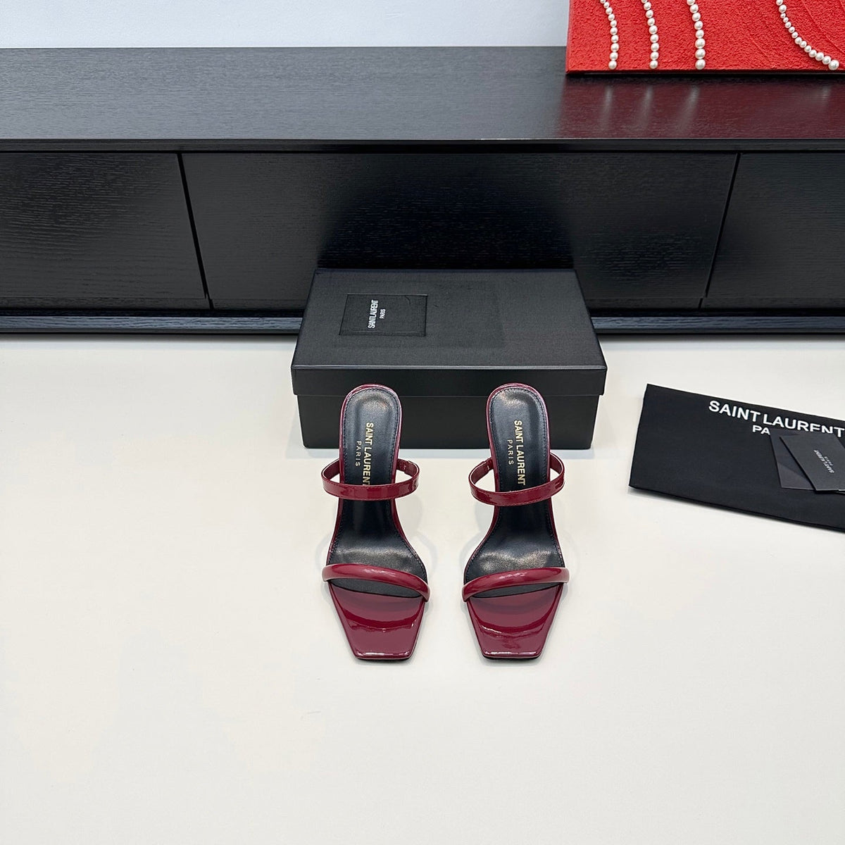 YSL 26S Double-Strap Heeled Sandals 100 Mm Dark Red Calfskin