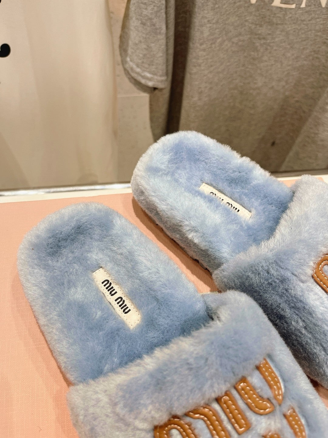 Miumiu 26s Flat Slides Pastel Blue Shearling