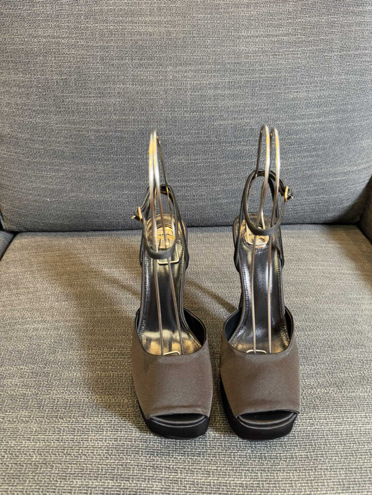YSL 26S Platform Sandals 150 Mm Taupe And Black Satin