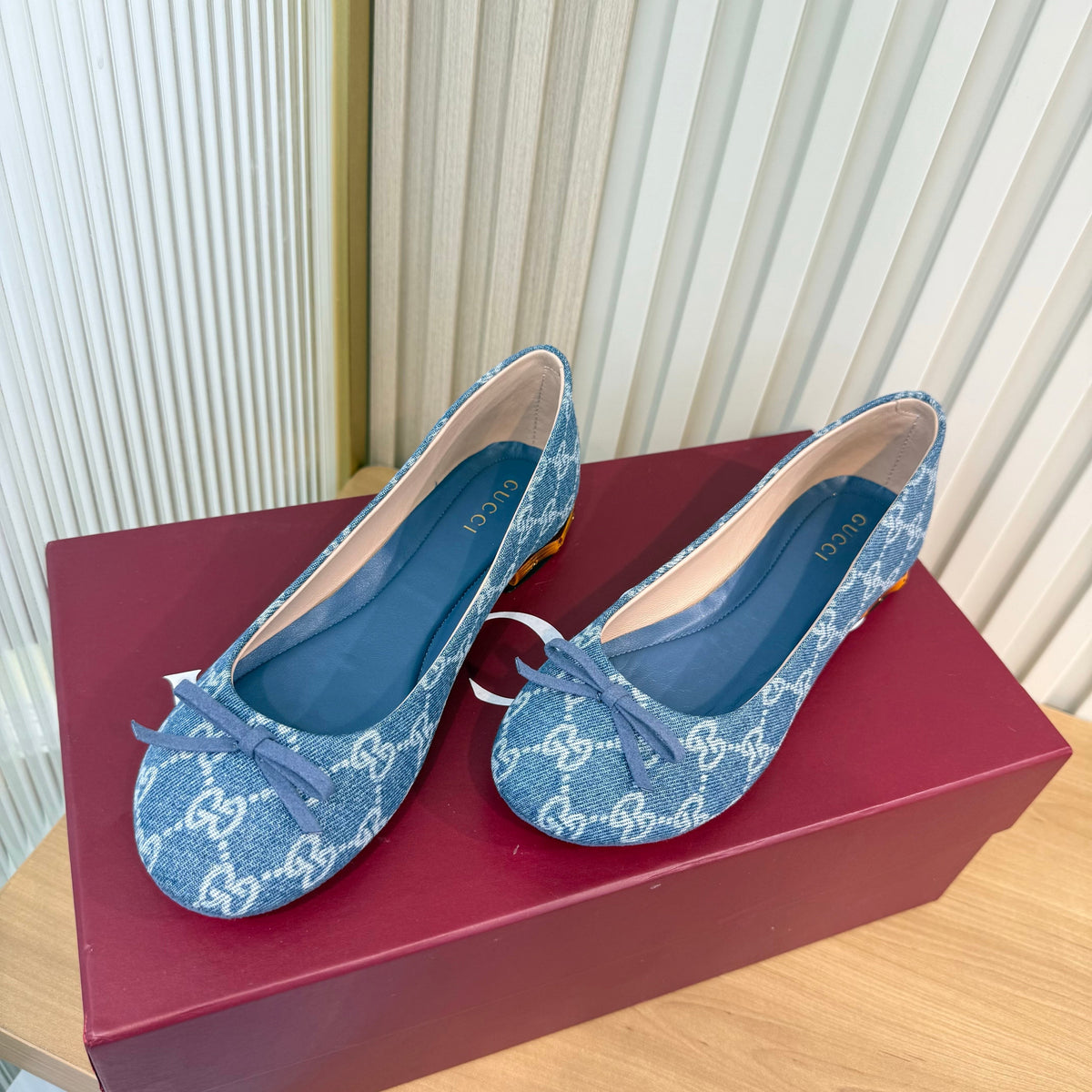 GG 26S Horsebit Ballet Flats Bow Detail Blue GG Canvas 141311