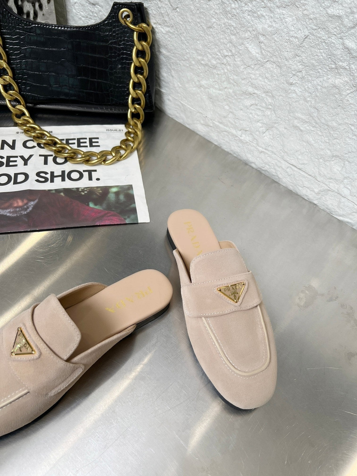 Prada 26s Mule Loafers Nude Beige Suede With Logo