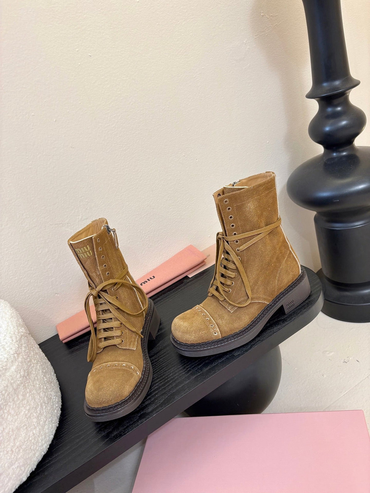 Miumiu 25s Laced Booties Cinnamon Brown Suede
