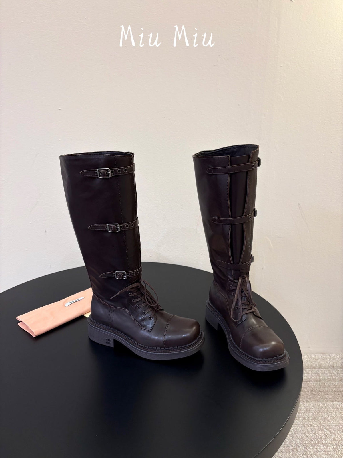 Miumiu 26s Lace-up Knee-high Boots Dark Brown Calfskin