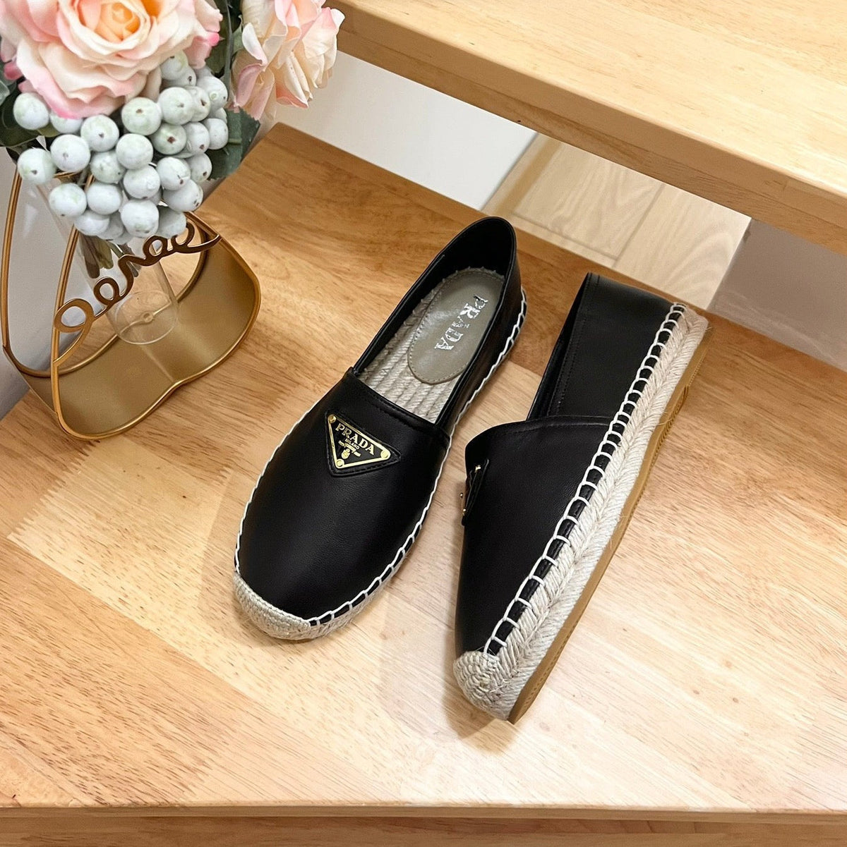 Prada 26s Logo Espadrille Slip On Flats Black Calfskin