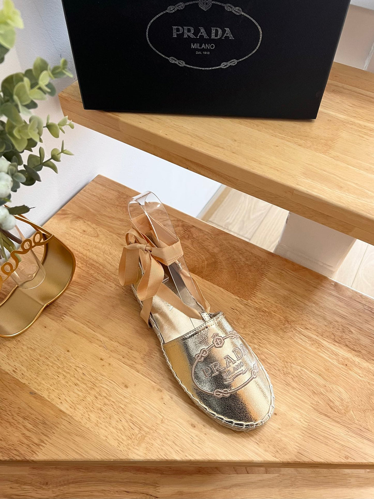 Prada 26s Lace Up Espadrille Flats Gold Calfskin