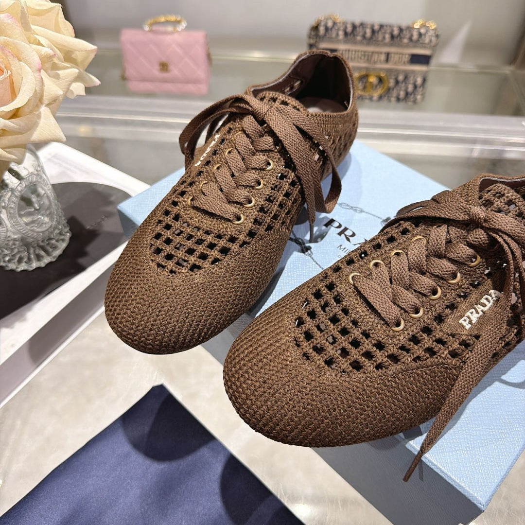 Prada 26s Lace Up Openwork Knit Sneakers Dark Brown Knit Fabric