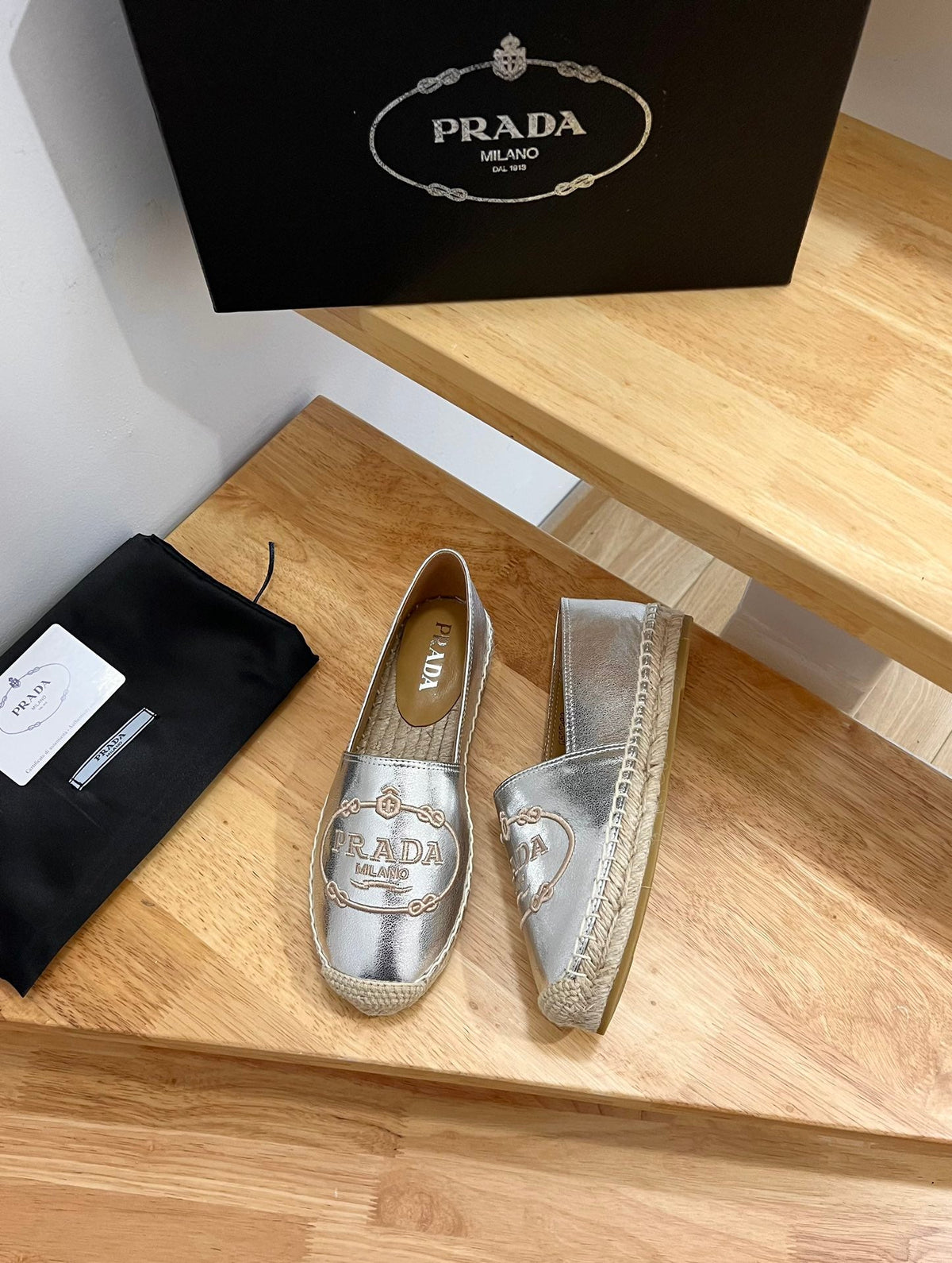 Prada 26s Embroidered Logo Espadrille Flats Gold Calfskin