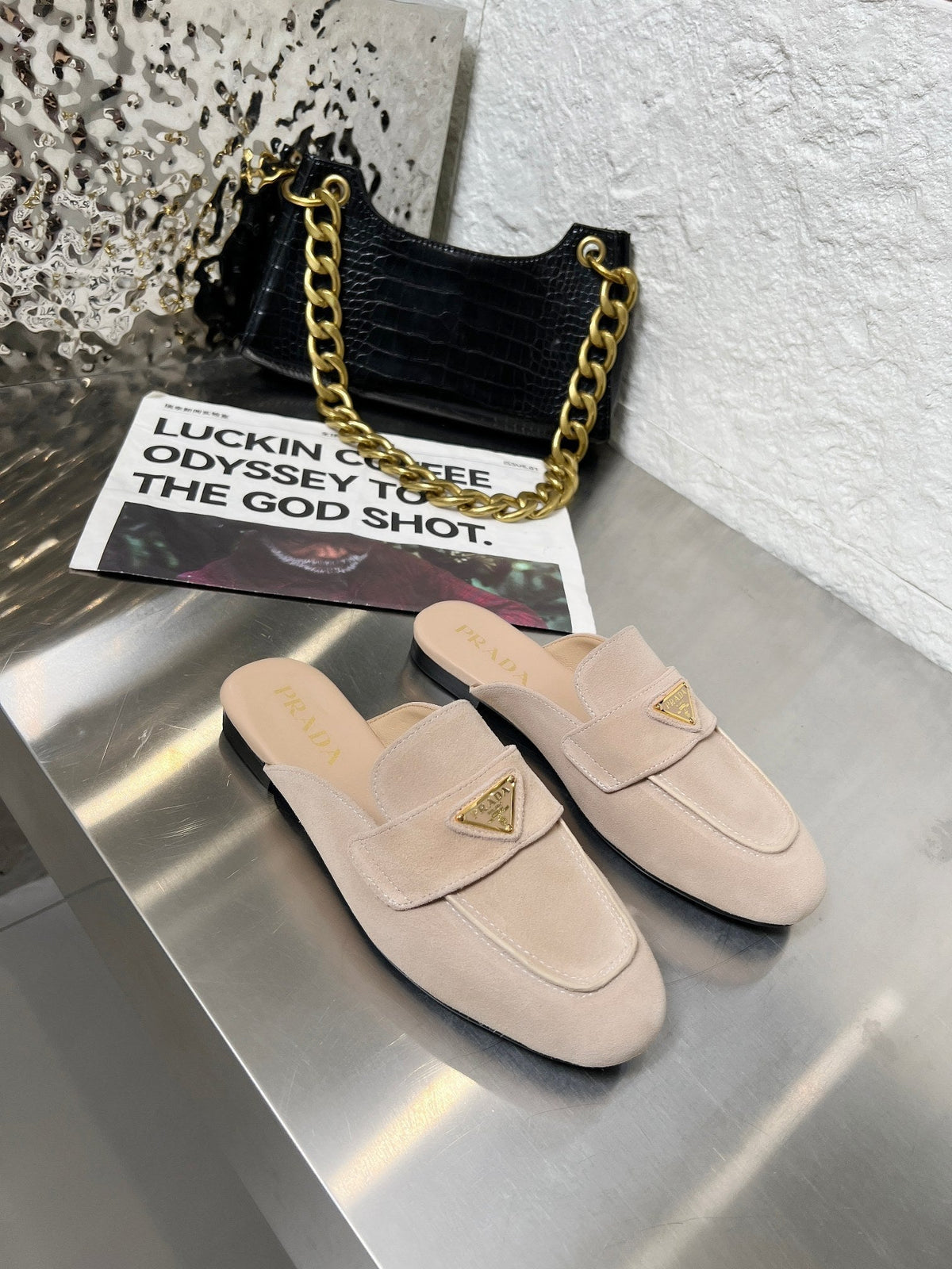 Prada 26s Mule Loafers Nude Beige Suede With Logo