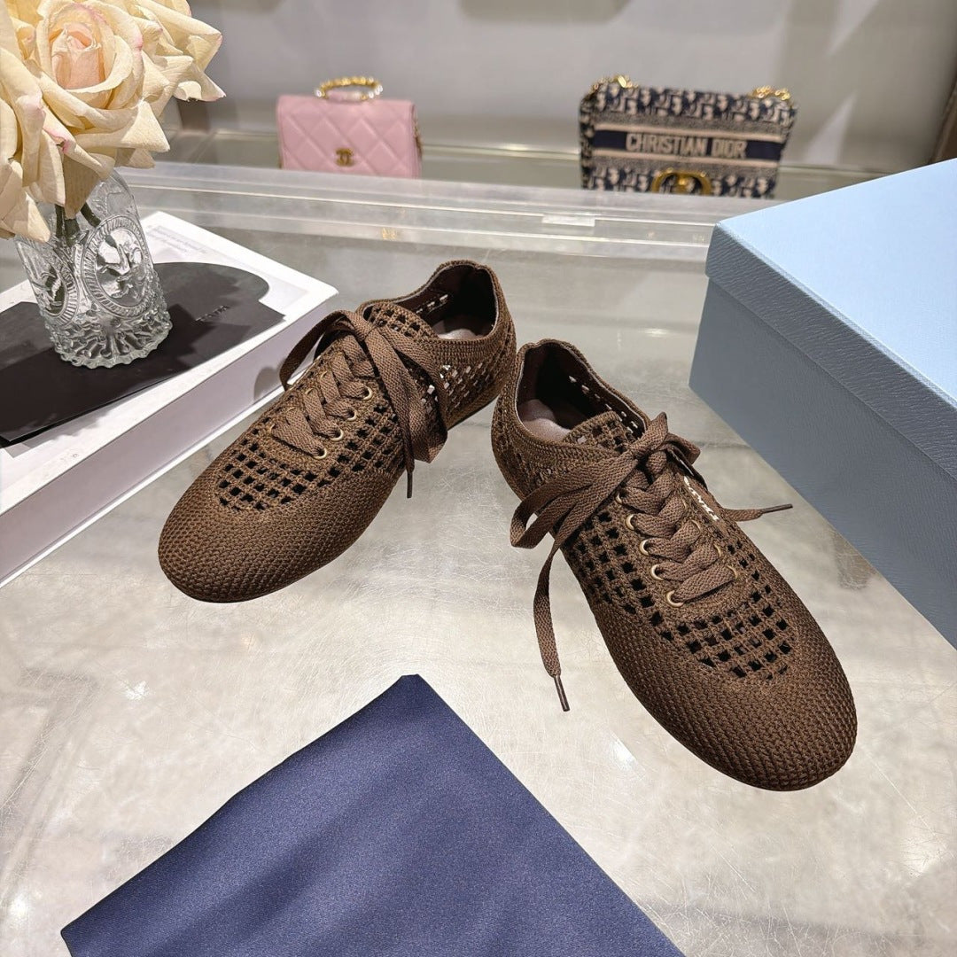 Prada 26s Lace Up Openwork Knit Sneakers Dark Brown Knit Fabric