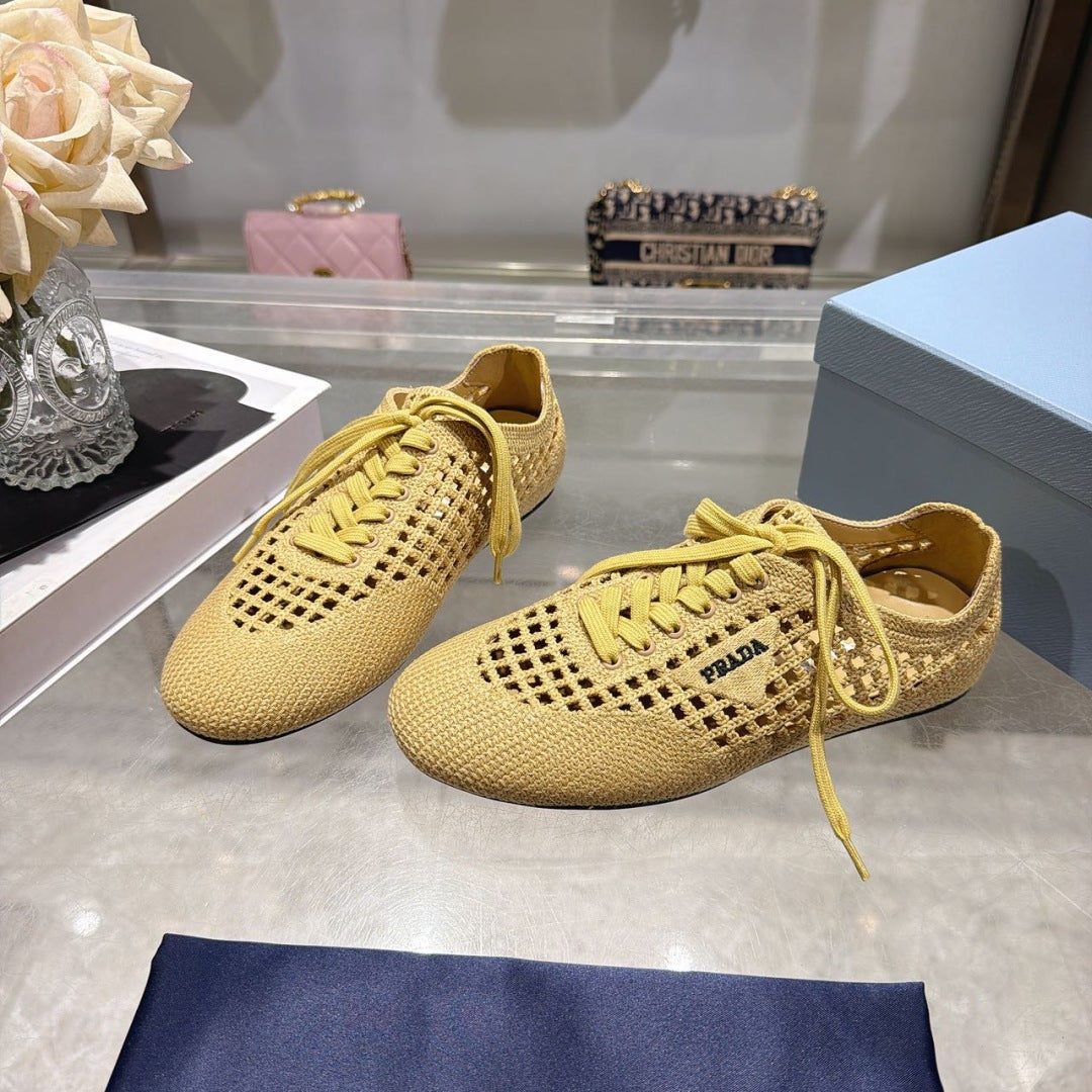 Prada 26s Lace Up Openwork Knit Sneakers Yellow Beige Knit Fabric