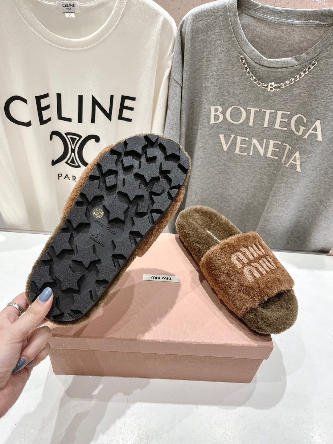 Miumiu 26s Flat Slides Brown Shearling