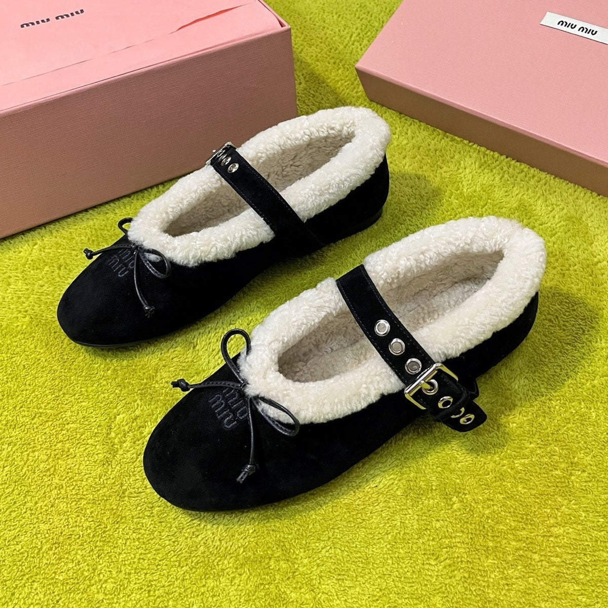 Miu Shearling Trim Mary Jane Flats Bow Detail Black Suede 137209