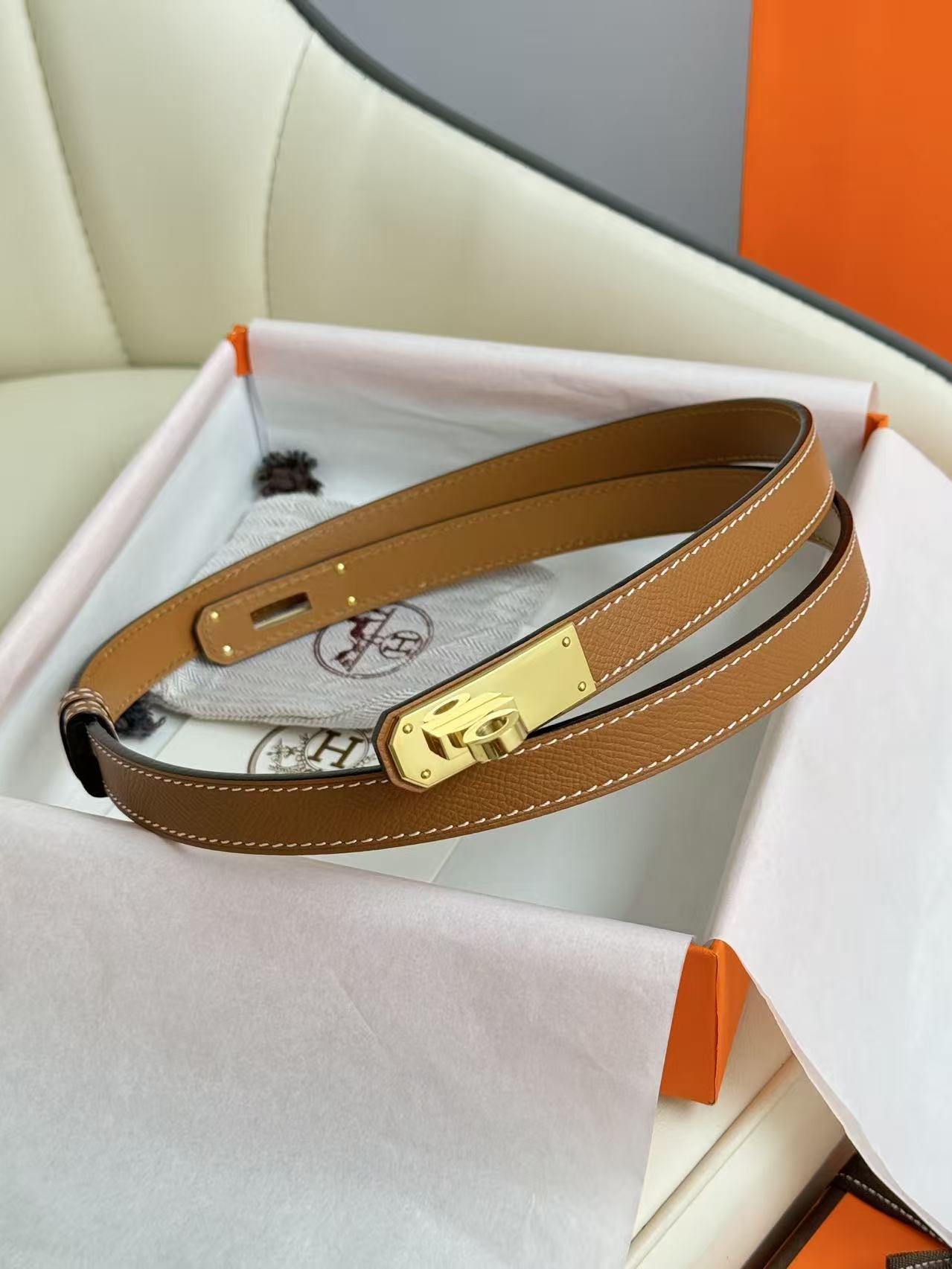 HM Kelly Belt 18mm Brown Epsom Leather GHW