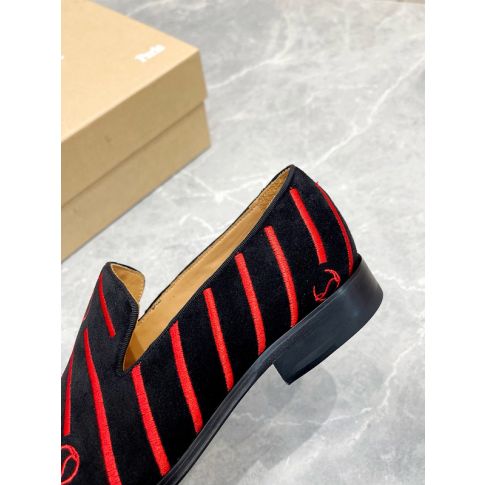 CL Men Loafers Stripe Logo Embroidery Velvet Black Red