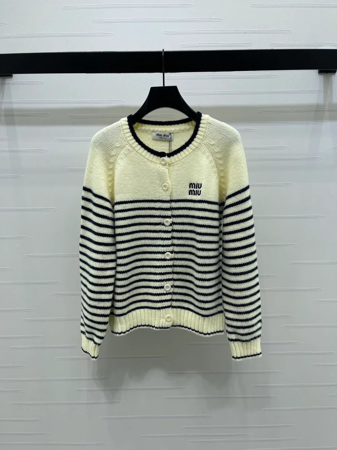 Miu 2026 Striped Knit Crew Neck Long-sleeved Cardigan Wool