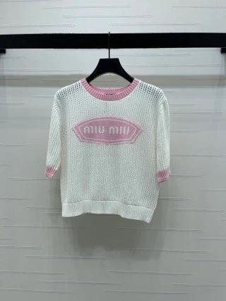 Miumiu 2026 Crew Neck Openwork Knit Short-sleeved Shirt Wool