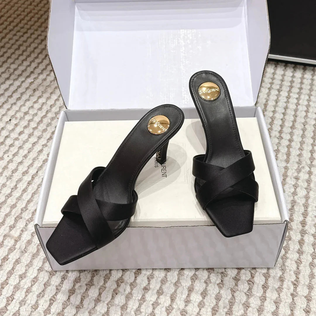 YSL 26ss High-Heeled Mules 75 Satin Leather