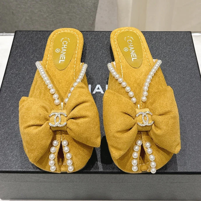 Chanel 2026 Pearl Bow Flat Slipper Suede Sheepskin 713038