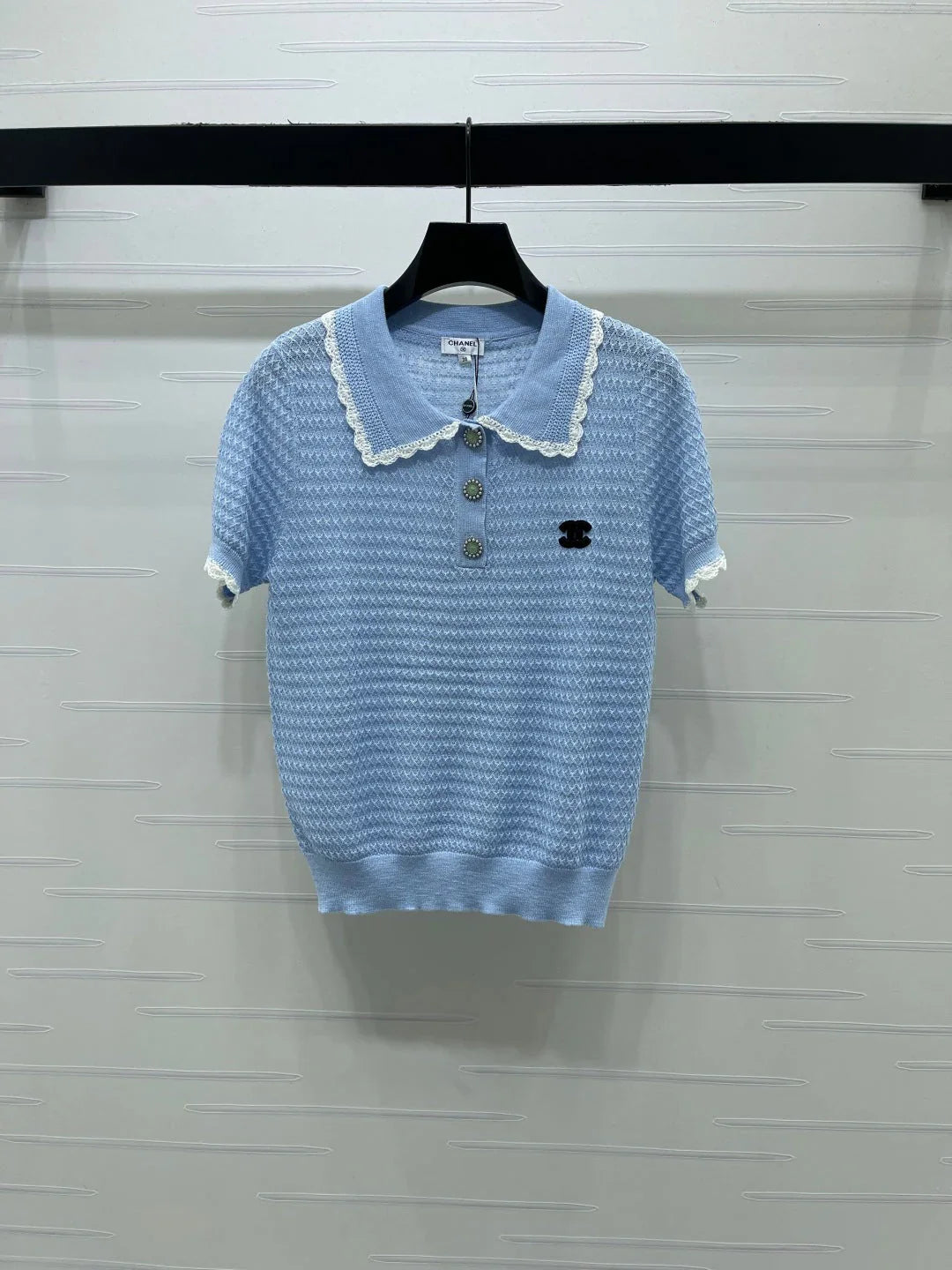 Chanel 2026 Lace-trimmed Polo Collar Knit Short-sleeved Top Cotton 390780