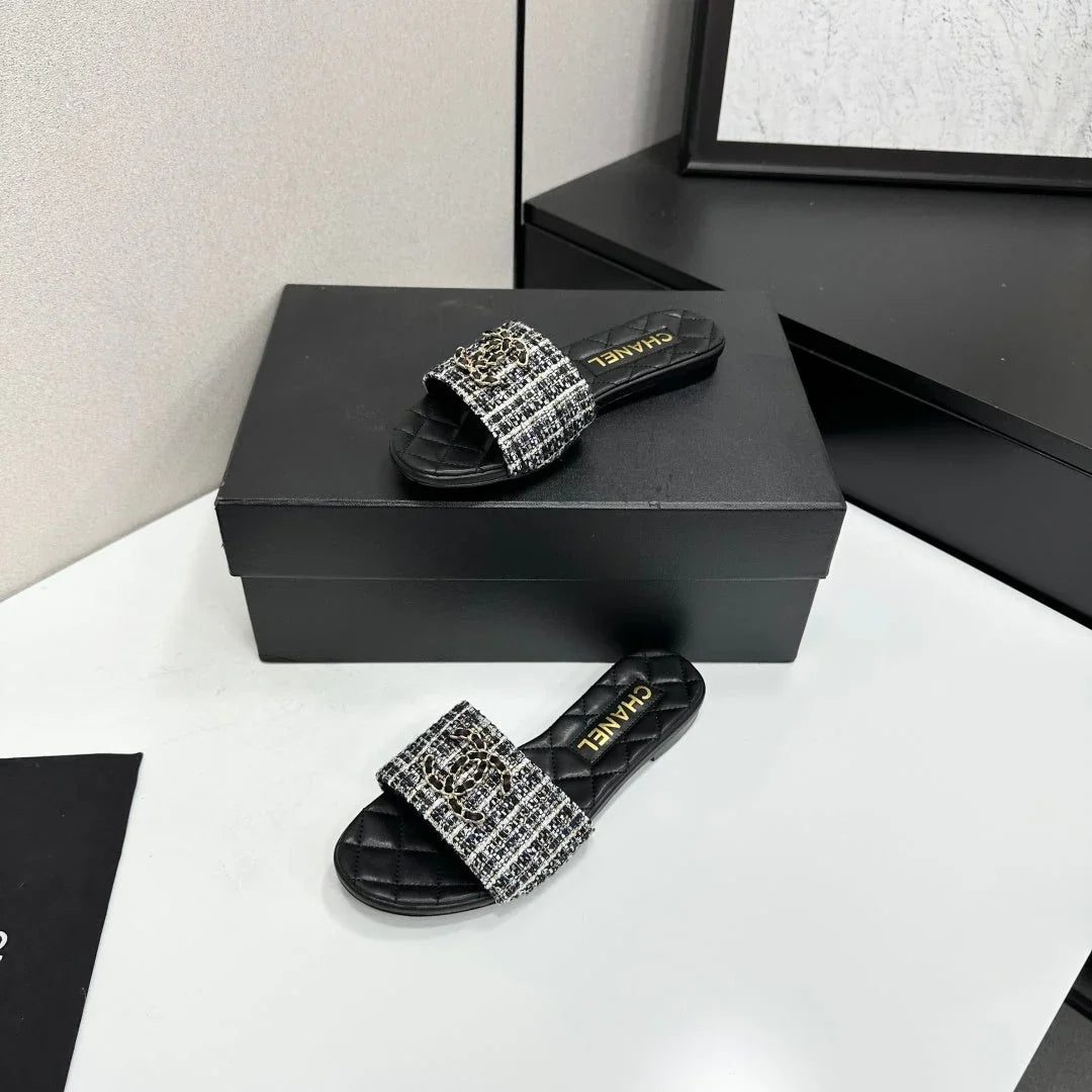Chanel 2026 Double C Quilted Sandal Tweed Lambskin 894808