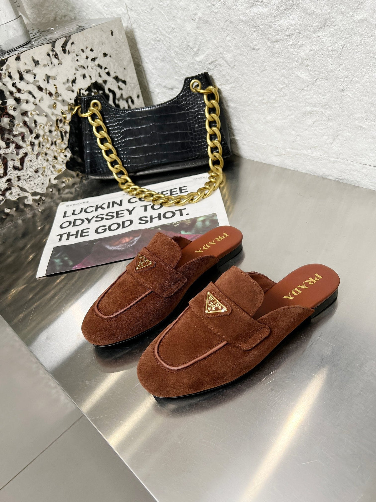 Prada 26s Mule Loafers Chocolate Brown Suede With Logo