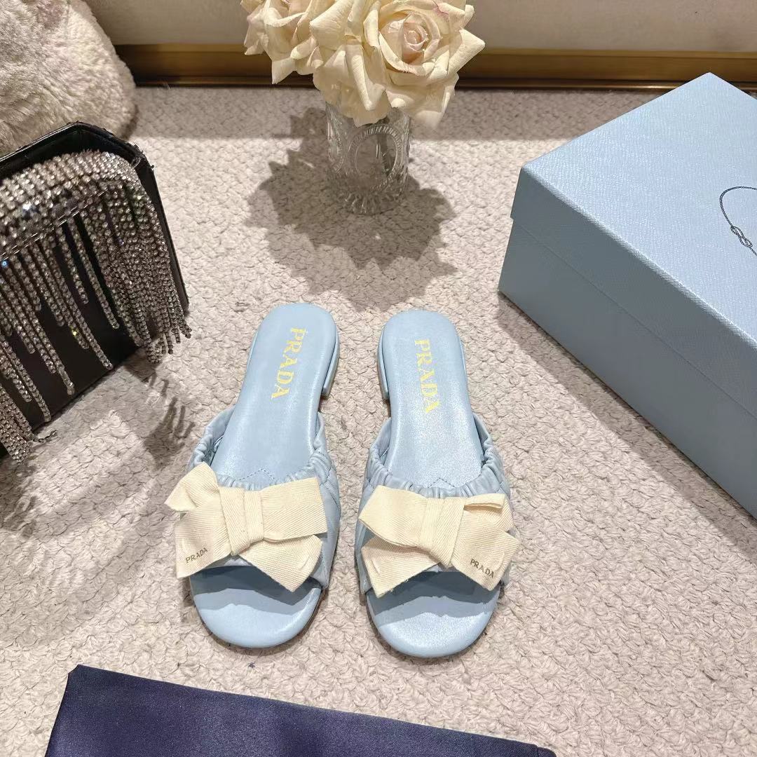 Prada 26s Ruched Bow Slide Sandals Light Blue Calfskin