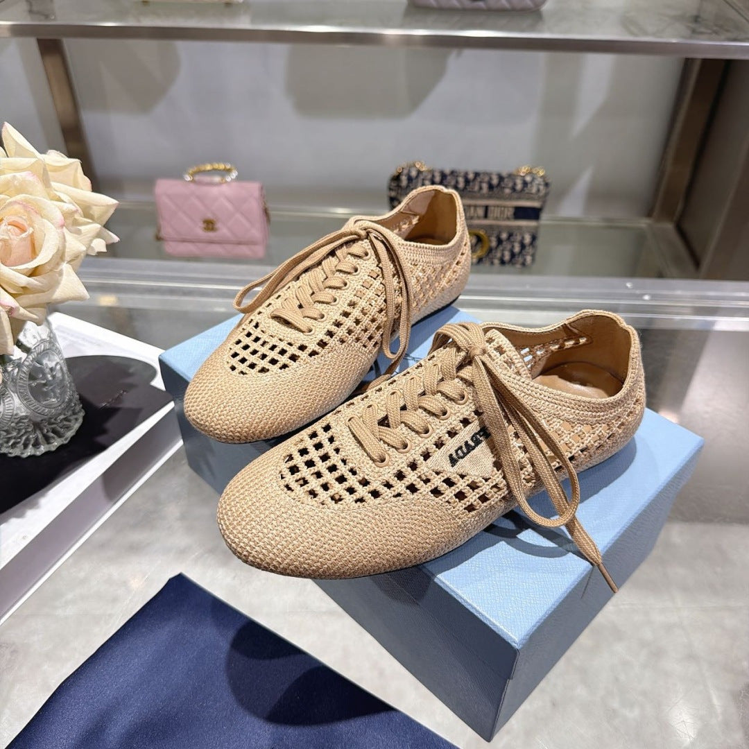 Prada 26s Lace Up Openwork Knit Sneakers Beige Knit Fabric