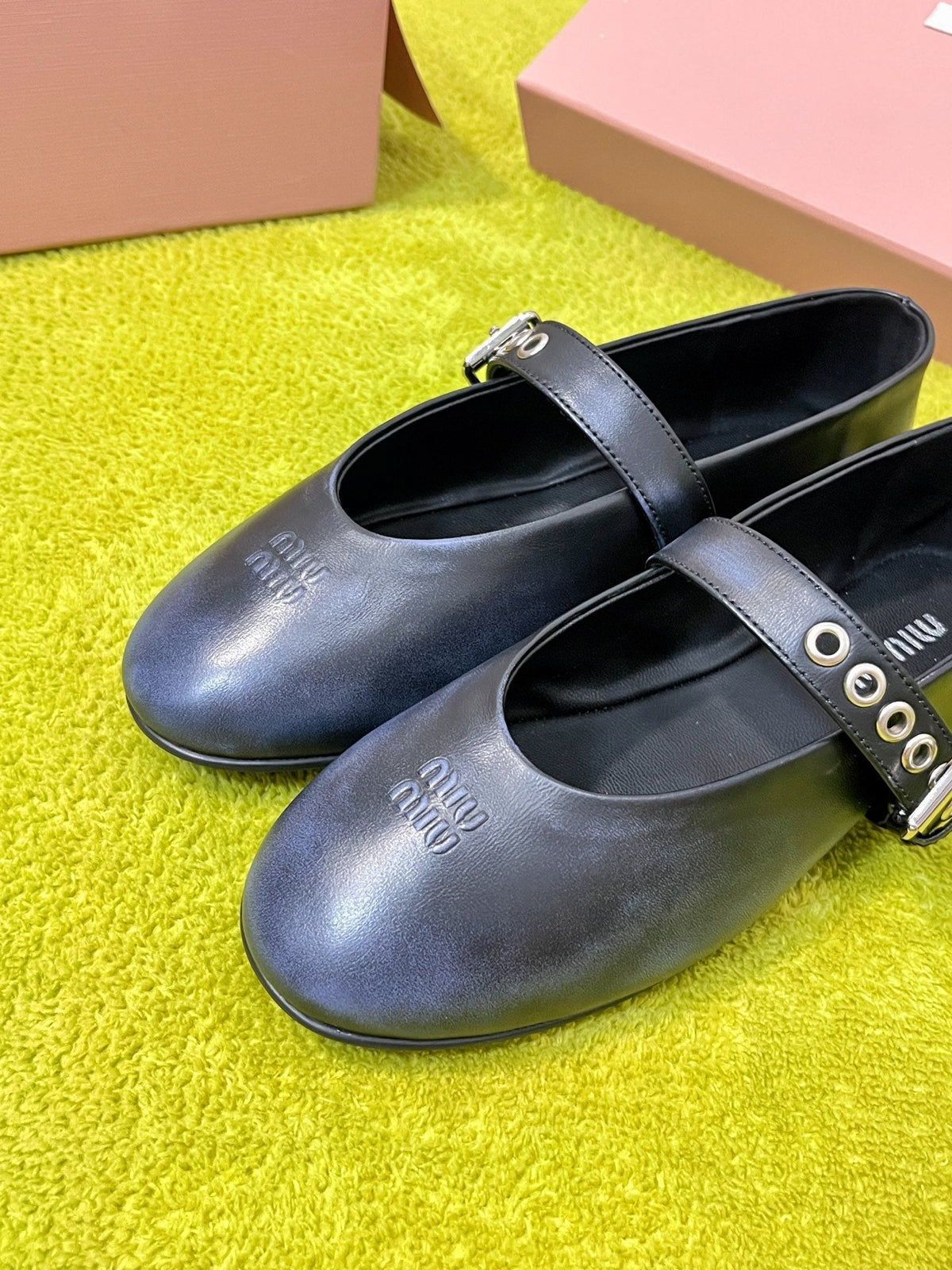 Miu 26S Mary Jane Ballerina Flats Buckle Black Blue Cowhide 137195