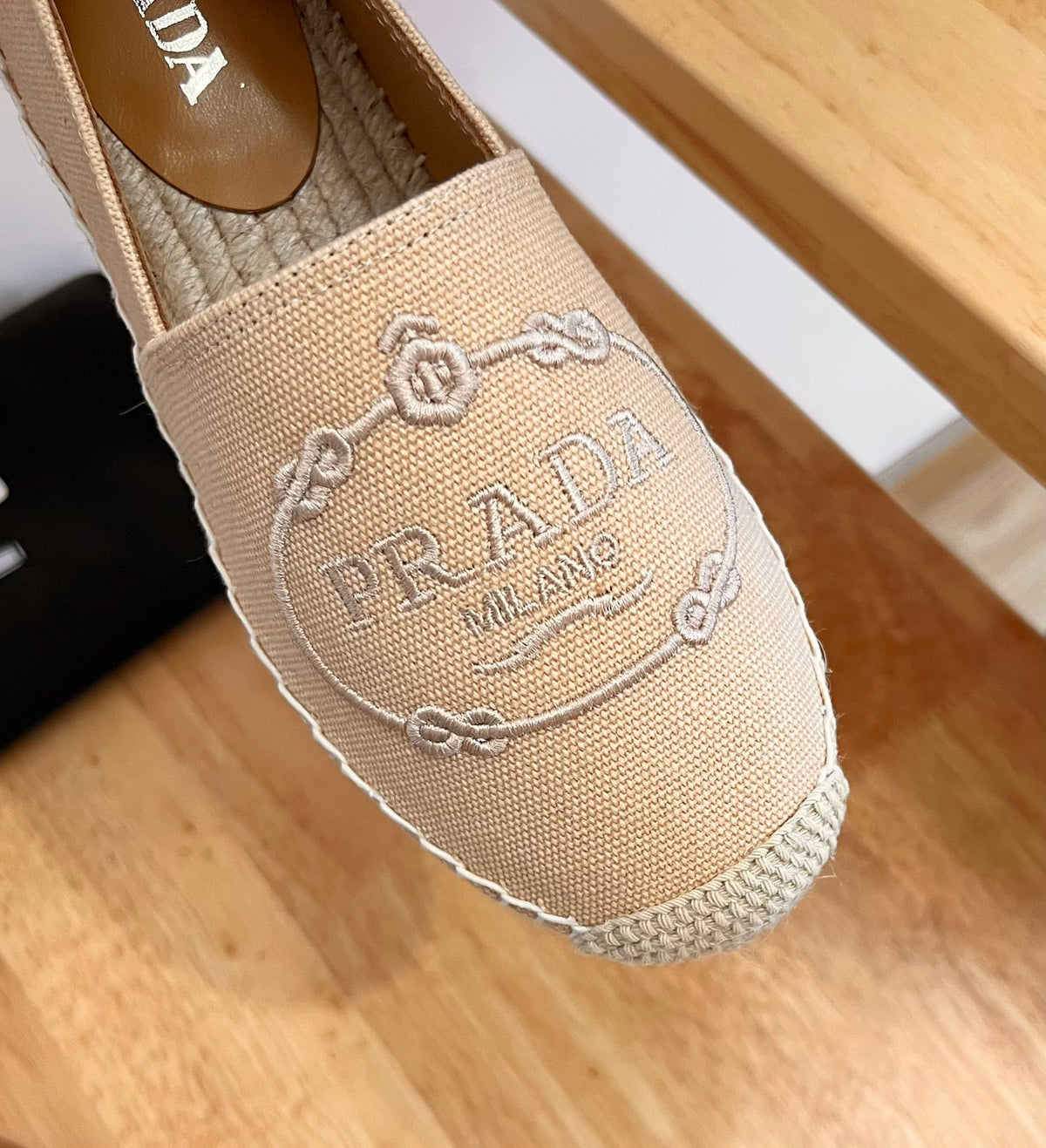 Prada 26s Embroidered Logo Espadrille Flats Beige Canvas
