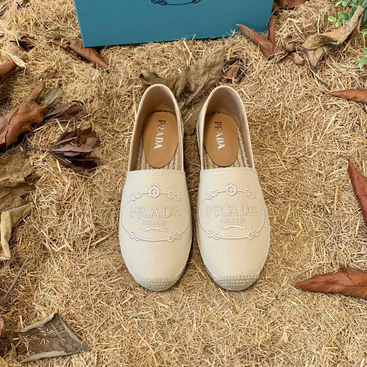 Prada 26s Espadrille Flats Light Beige Canvas Embroidered Logo
