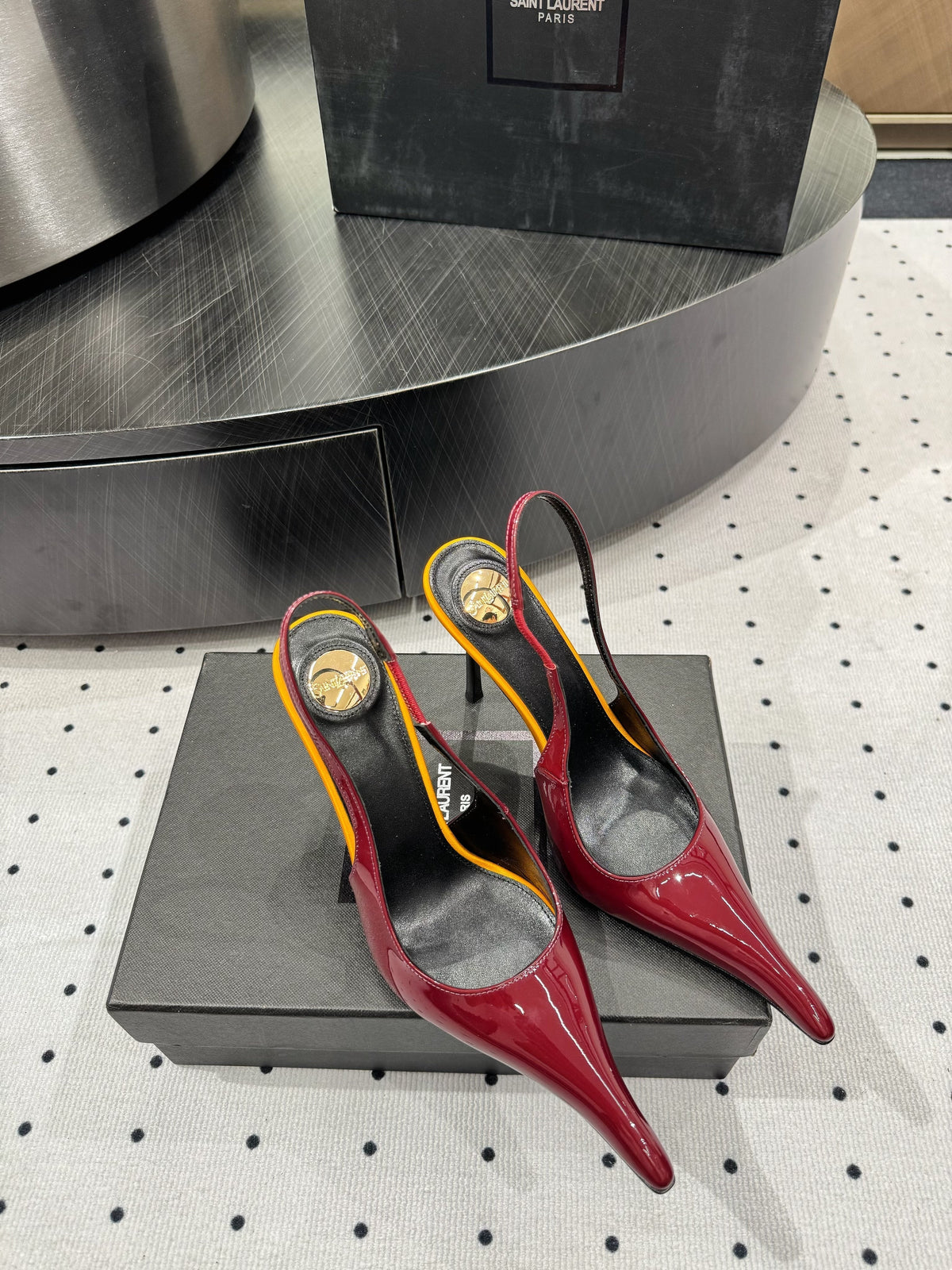 YSL 26s Pointed-Toe Slingback Heels 10.5cm Dark Red Orange Patent Calfskin