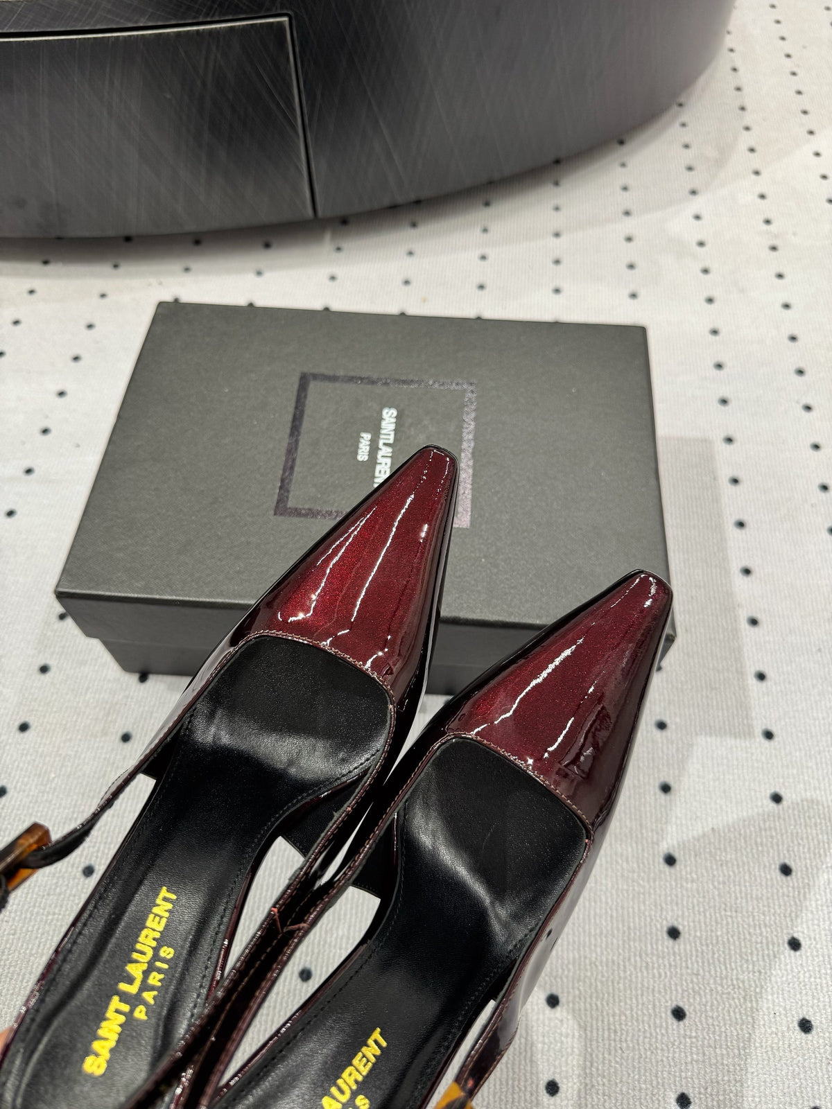 YSL 26s Slingback Heels 10.5cm Dark Red Glossy Calfskin With Buckle Closure